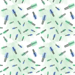 Watercolor seamless pattern with nail polish and tools. Hand drawn illustration.