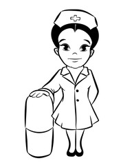Cartoon nurse doctor in uniform holding a big pil in hand. Vector illustration in lines isolated on white	