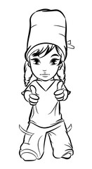 Cartoon surgeon doctor girl in uniform shows thumbs up. Vector illustration in lines isolated on white.	