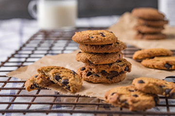 Chocolate chip cookies on rustic background
