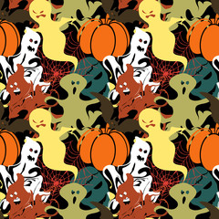 Obraz premium Vector Abstract Seamless Halloween Pattern For Girls And Boys. Illustration On A Black Background. Wallpaper for textile and fabric