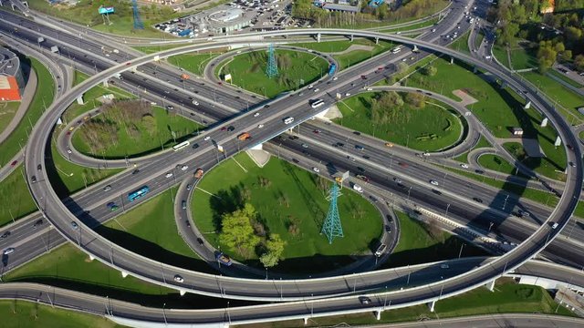 Aerial view of a freeway intersection traffic trails in Moscow.