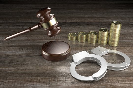 3D law, crime concept - handcuffs, money, wooden background