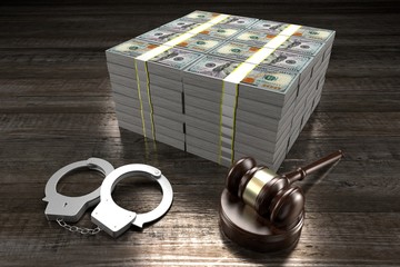 3D law concept - handcuffs, money, gavel, wooden background