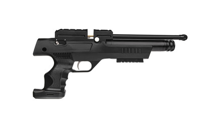 Modern air rifle with folding butt and collimator sight isolate on a white background. Pneumatic...