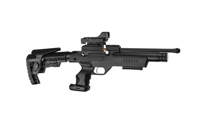 Modern air rifle with folding butt and collimator sight isolate on a white background. Pneumatic...