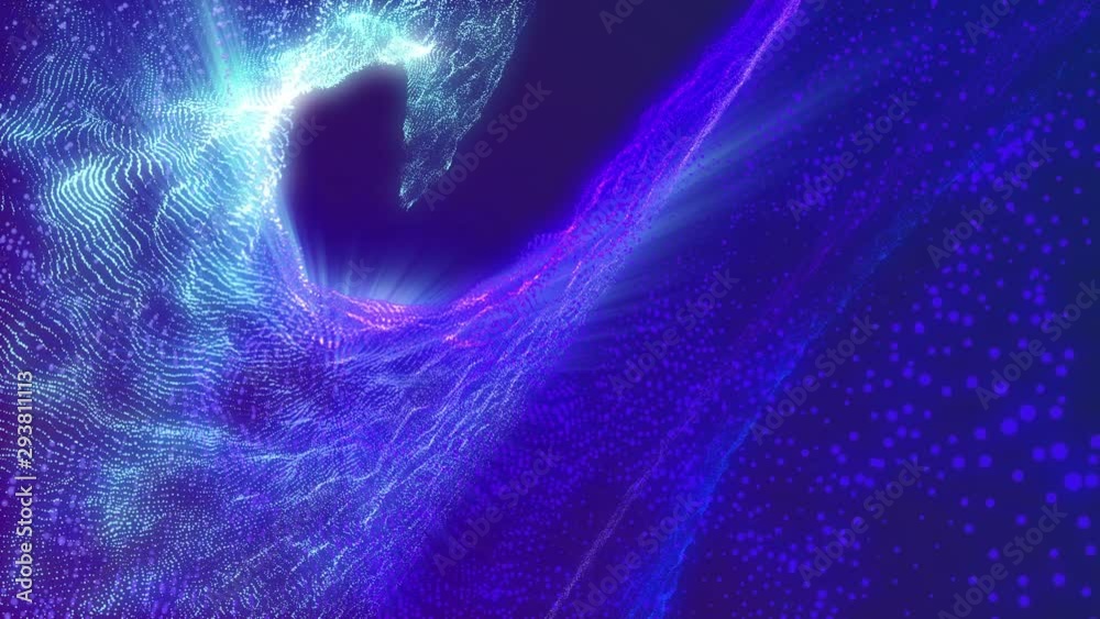 Poster 4K Futuristic Sci fi Digital Wave Dot Particle Motion Background. Beautiful Landscape Floating Defocus Animation Graphic Design.