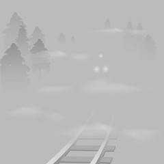 train rides on the railway in the fog. vector image of a headlight of the locomotive