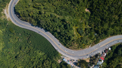Winding road in the forest top view