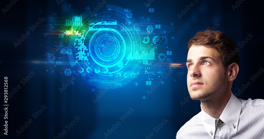 Poster Man touching hologram screen displaying medical symbols and charts