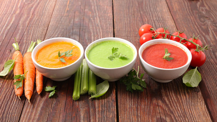 assorted of vegetable soup- pumpkin, tomato and zucchini soup