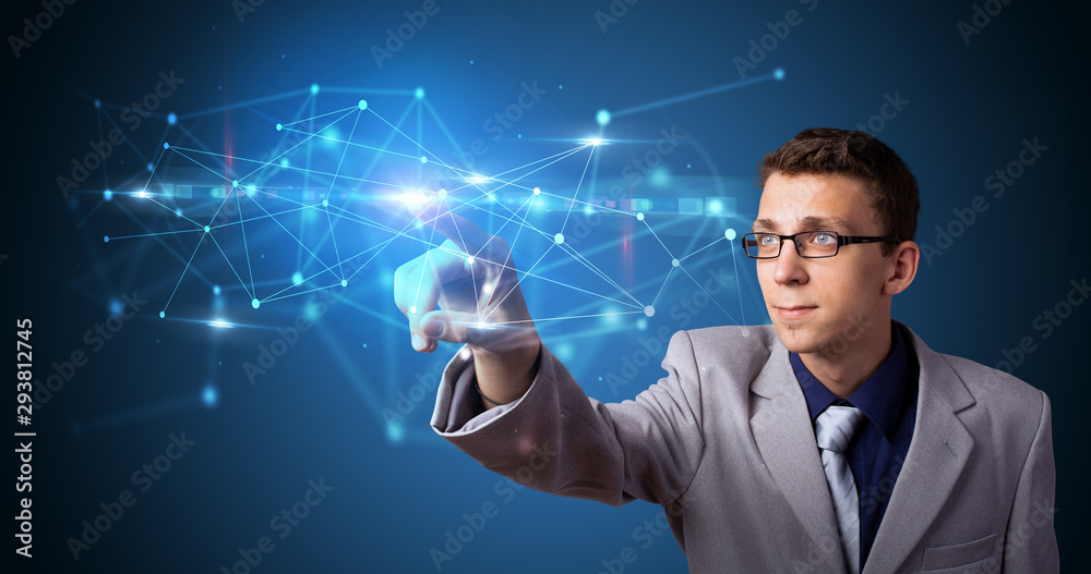 Poster Man touching hologram screen displaying modern web system