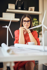 Attractive caucasian businesswoman in blouse and with eyeglasses posing in office. On deska are...