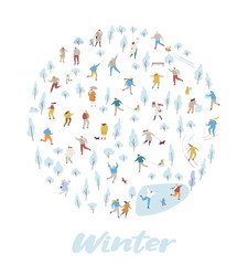 Winter park with tiny people flat vector background. Crowd of happy people in warm clothes. Winter outdoor activities - skating, skiing, throwing snowballs, building snowman.