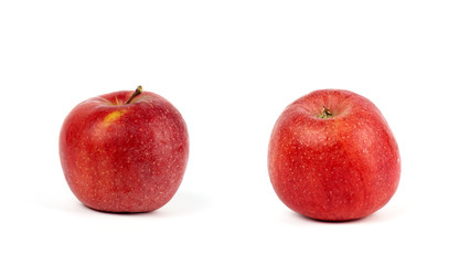 Fototapeta na wymiar two ripe red round apples on a white background