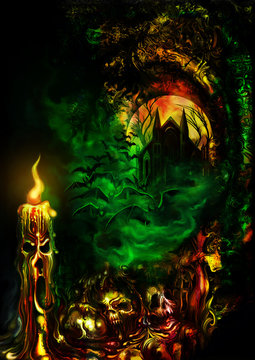 Paranormal horror house background/ Halloween illustration with a haunted mansion, ghost skulls, posessed candle and bats. Digital painting