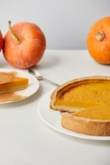 delicious pumpkin pie with cinnamon powder near spoon and whole ripe pumpkins on white marble surface isolated on grey
