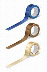 Transparent, blue and brown duct roll adhesive tape realistic vector illustration isolated on transparent background. Office and household supplies, construction sellotape