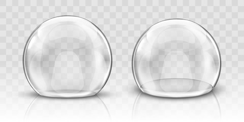 Glass dome or sphere realistic vector. Glass round dome, empty crystal globe, transparent food storage container or product presentation case with reflection, illustration isolated on background
