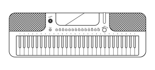 Line elecronic piano on white background. Keyboard piano musical instruments. Music synthesizer. Vector line sketch.