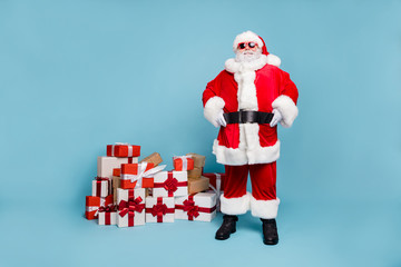Full length body size view of his he nice fat cheerful cheery glad content bearded Santa pile stack purchases give away sale discount isolated over blue turquoise pastel color background