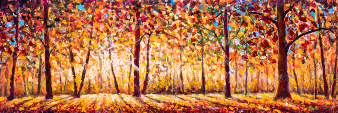 Autumn  panorama Original oil painting on canvassunny park with red golden trees and meadow , natural seasonal background Original oil painting on canvas