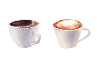Hand painted Set with Cup of Coffee, cappuccino and chocolate mocha coffee isolated on white background.
