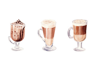 Hand painted Set with Cup of Coffee Latte and Glass of chocolate mocha coffee isolated on white background.