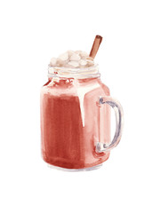 Hand painted Glass of hot chocolate, cocoa coctail isolated on white background. Watercolor Illustration.