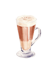 Hand painted Cup of Coffee Latte. Glass of chocolate mocha coffee. Watercolor Illustration.