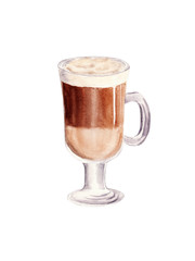Hand painted Cup of Coffee Latte. Glass of chocolate mocha coffee. Watercolor Illustration.