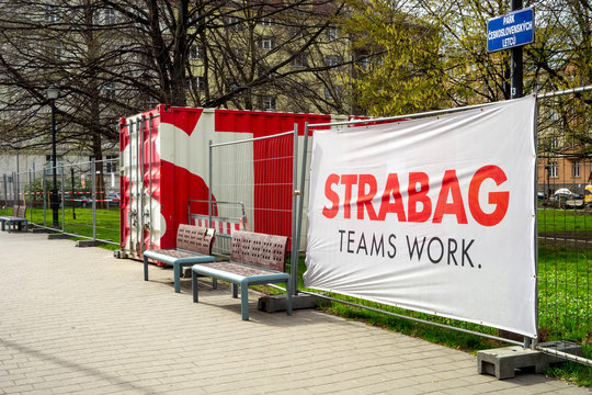 Strabag company logo and container in a construction site in Ostrava