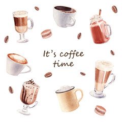Hand painted Set with Cup of Coffee Latte, cocoa and Glass of chocolate mocha coffee isolated on white background.