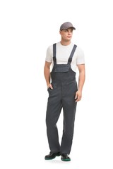 Handsome man in gray work overalls view