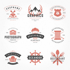 Vintage logos and badges typographic design with hand drawn style silhouettes and symbols set vector illustration
