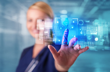 Doctor touching virtual screen with biology and genetic concept