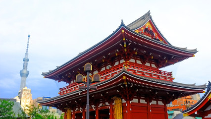 Japan, Tokyo - August 23, 2019: Asakusa Kannon Temple Sensoji Shrine with Tokyo Skytree on a background