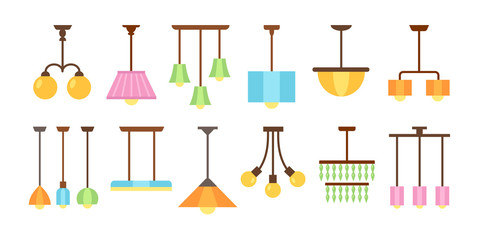 Ceiling pendant lamps & chandeliers with led bulbs. Light fixtures for home. Vector flat icon set. Isolated objects