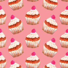 Watercolor seamless pattern with cupcakes and berries on pink background. Repeating ornament of delicious colorful muffins with white cream and raspberries.