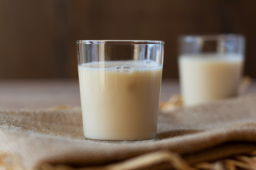 Oat milk in glasses. Alternative lactose free vegan friendly plant milk
