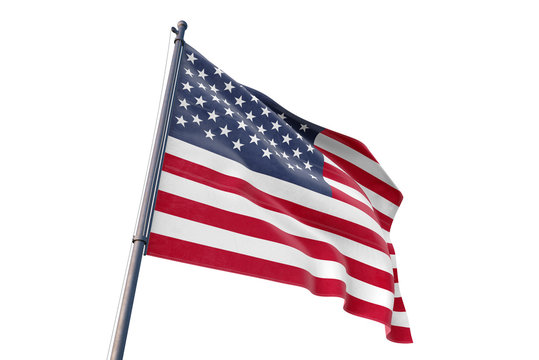 3d rendered illustration of realistic waving cloth flag of United States of America USA with flagpole and white background - 4K
