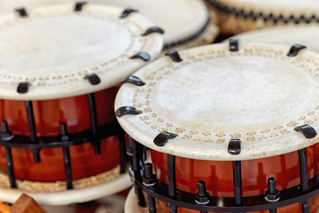 A closeup of Japanese drums