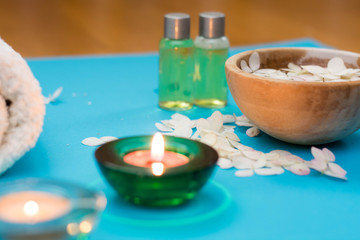 Beautiful spa composition on massage table in wellness center