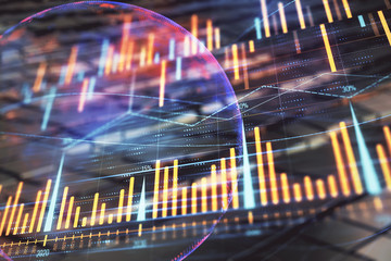 Financial chart hologram with globe and abstract background. Double exposure. Concept of market analysis