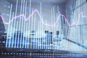 Multi exposure of stock market graph on conference room background. Concept of financial analysis