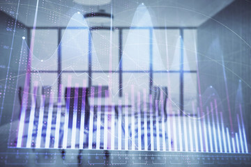 Multi exposure of stock market graph on conference room background. Concept of financial analysis