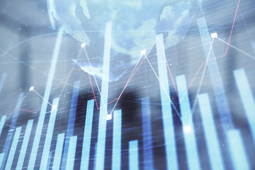Double exposure of stock market graph with globe hologram on conference room background. Concept of international finance