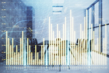 Multi exposure of stock market graph on conference room background. Concept of financial analysis