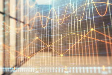 Double exposure of financial graph on empty room interior background. Forex market concept.