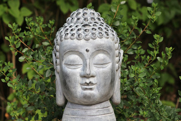 Tête de bouddha dans le jardin, avec arrière plan feuilles